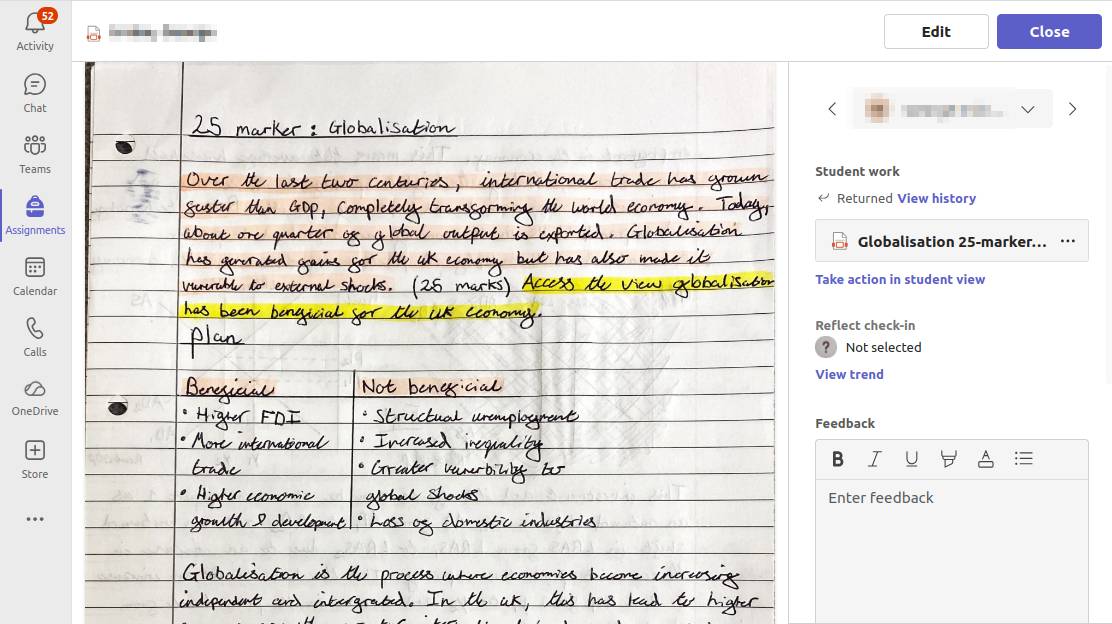 The student’s submitted PDF, opened from Teams