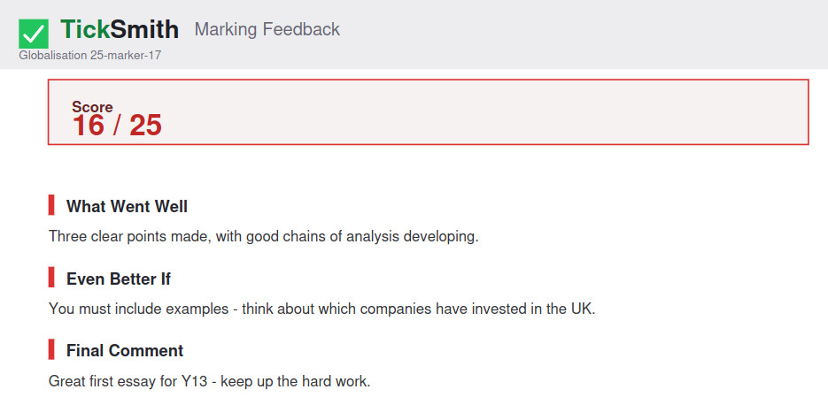 The feedback generated from the marking