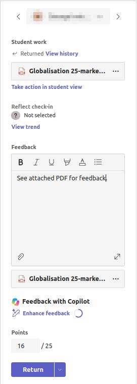 Back in Teams: feedback attached, mark entered and ready to return